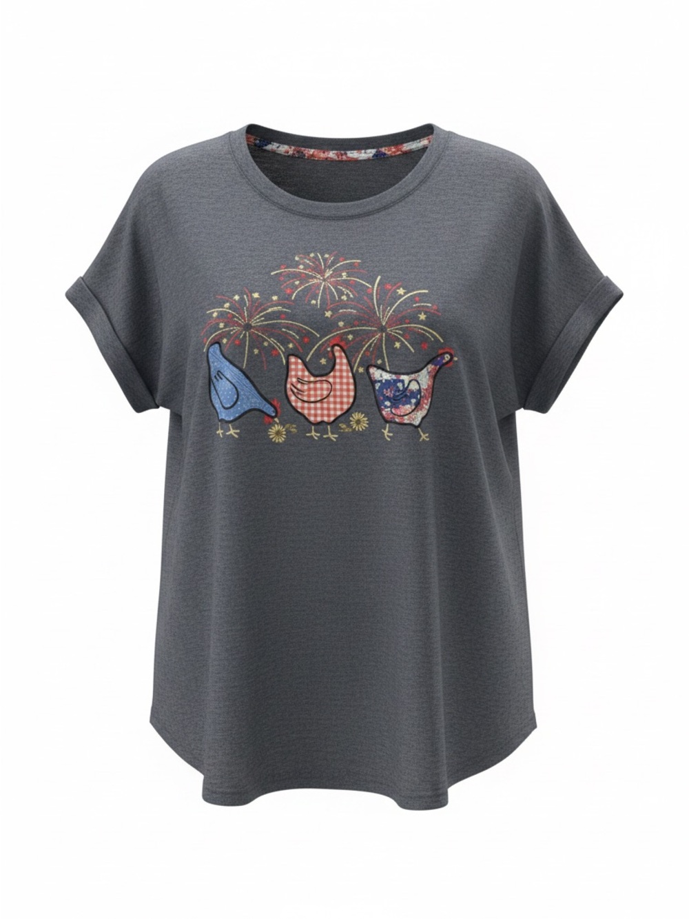 NWOT Adorable Women's Charcoal Graphic Tee with Festive Chickens Motif